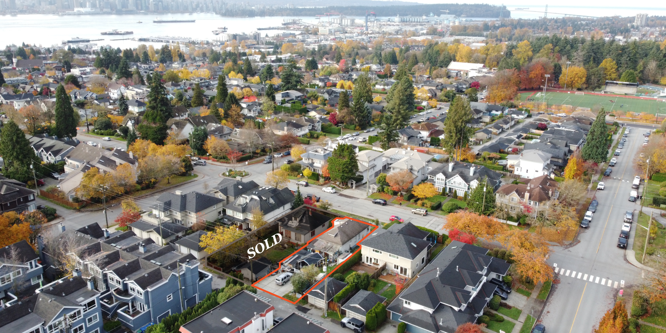 1628 & 1632 Mahon Avenue aerial with properties outlined, 1628 indicated sold