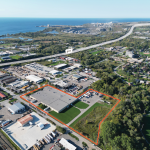 Aerial of Industrial Building looking towards Lake Ontario