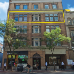 95 King St E thumbnail with exterior view of the whole building and yellow highlight of suite 300