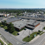 aerial of red brick industrial building