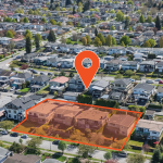 Aerial view of highlighted development site at 3014-3054 East 14th Avenue