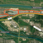 Aerial of land site at 289 Daimler Parkway, with land available outlined in orange